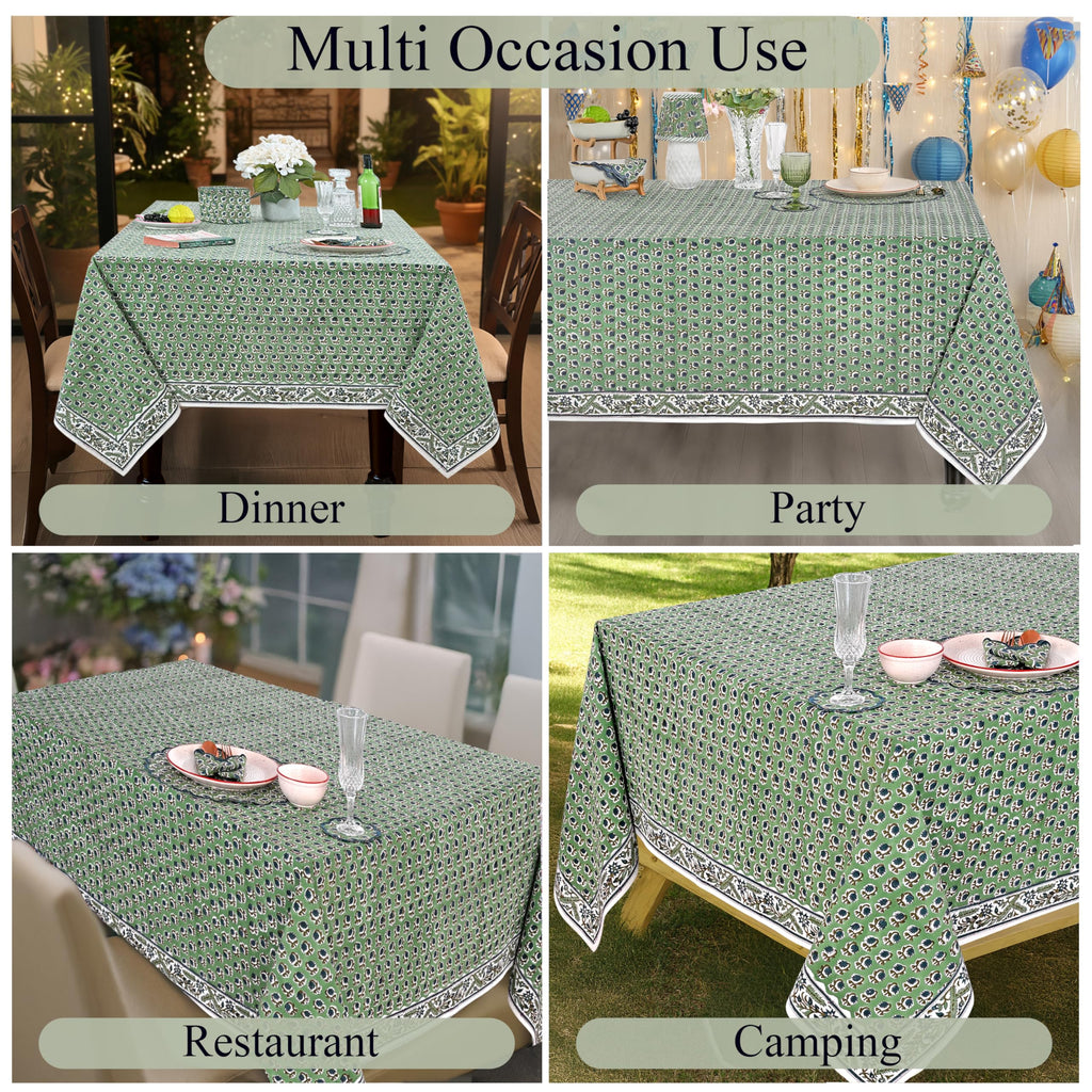 Basil Green, Peacock Blue Hand Block Print Cotton Cloth Dinning Table Cover Wedding Farmhouse Thanks Giving Christmas