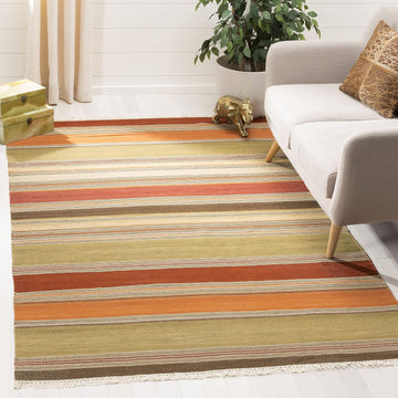 Striped Kilim Collection Accent Rug, Green, Handmade Flat Weave Wool, Ideal for High Traffic Areas (STK317A)