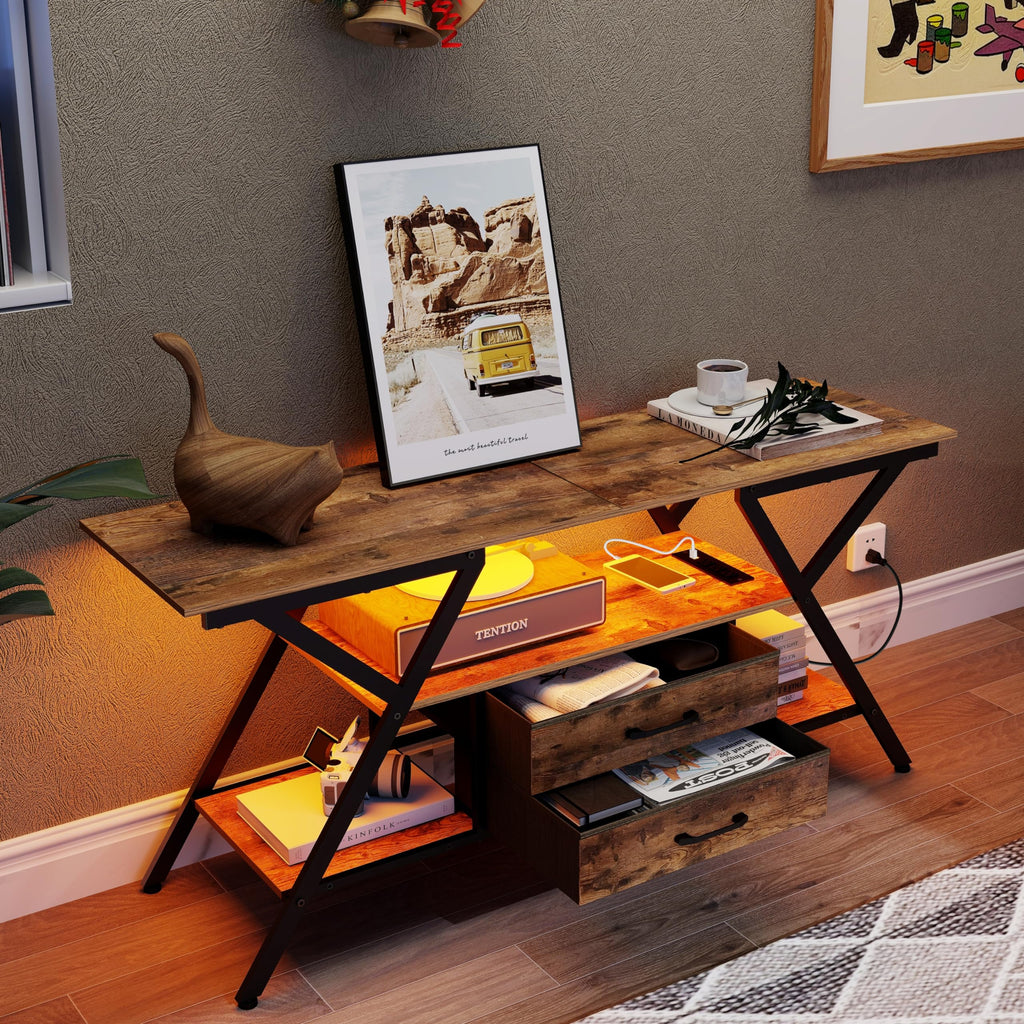 TV Stand with Power Outlet & LED Lights for TVs up to 65", Rustic Brown