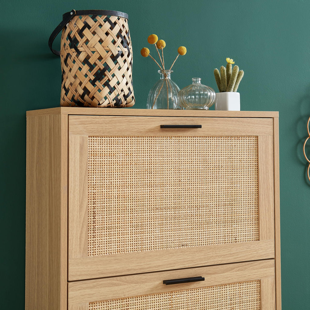 Amana Shoe Cabinet Oak Effect and Rattan Cane 60 cm