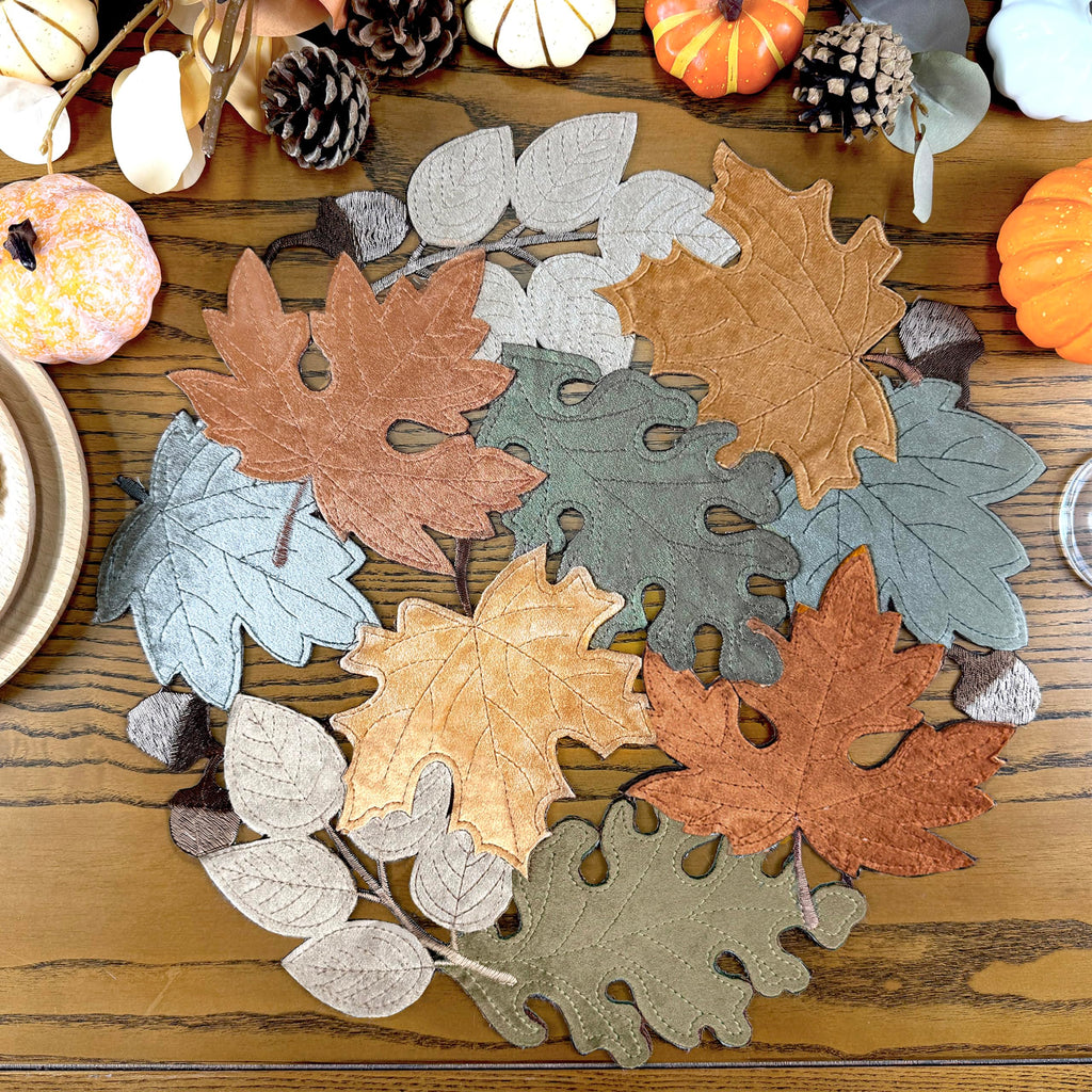 Fall Placemats Set of 4, 15inch Round Cutwork Embroidered Table Placemats, Autumn Maple Leaves Harvest Thanksgiving
