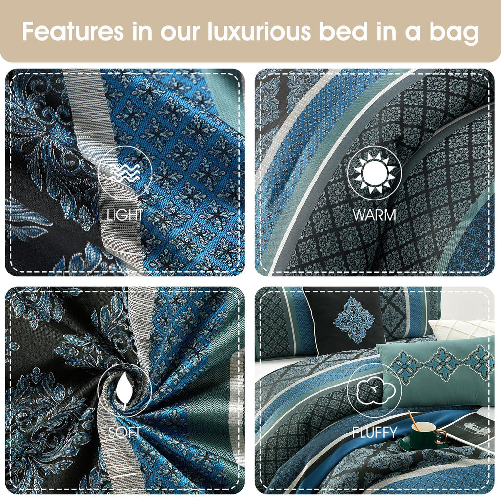 Blue Geometric Bed Comforter Queen Set, 7 Piece, Jacquard Ultra Soft, Premium Microfiber, Matching Shams, Bedskirt