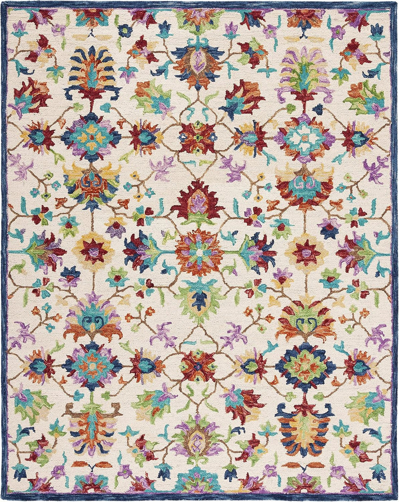 Aspen Area Rug - 9' x 12', Ivory & Blue, Handmade Boho Floral Wool