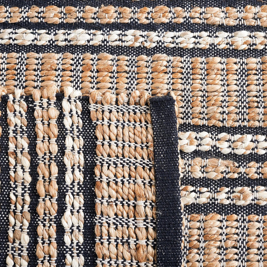 Natural Fiber Collection Area Rug - 6'6" Square, Navy & Natural, Handmade Flat Weave Stripe Jute & Cotton Jute, Ideal