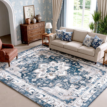 Washable Area Rug, Floral Medallion, Slate Blue & Ash Gray