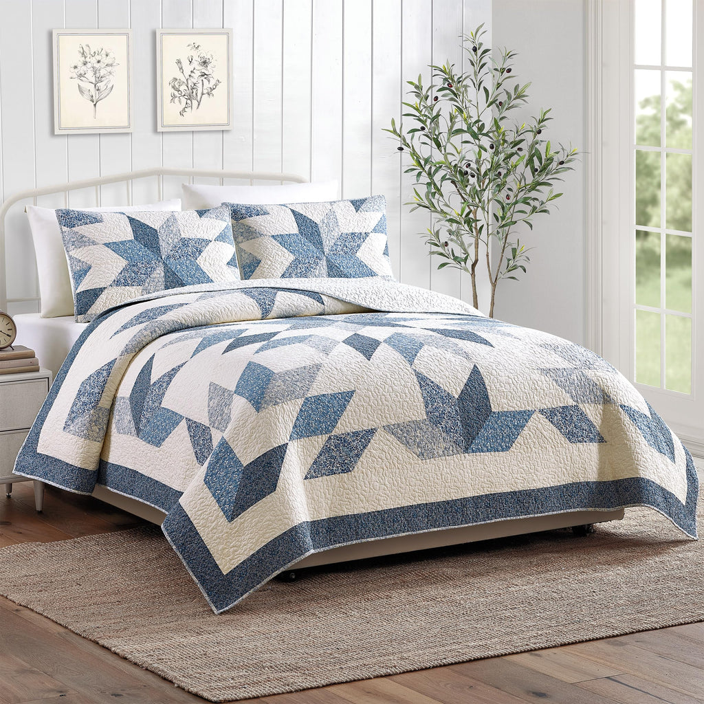 Bright Star Patchwork Quilt Set - 3-Piece Cotton Lone Star Medallion Bedding with 2 Shams, Pre-Washed Blue