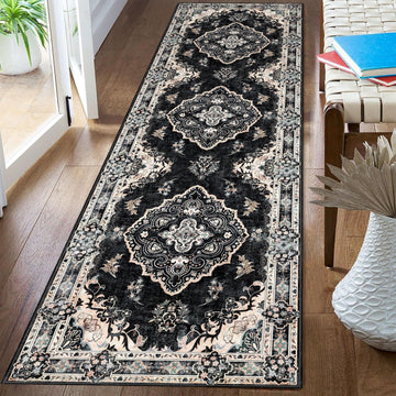 Black Runner Rug Washable 2x8 Area Rugs Non Slip Low-Pile Floral