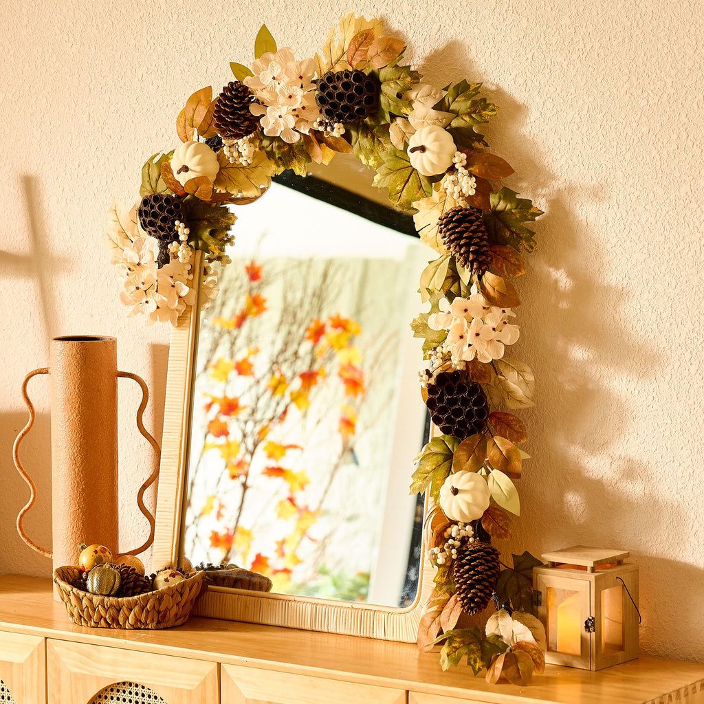 DecorbyHannah 6ft Fall Garland for Mantle with Lights &Pumpkin Maple Leaves