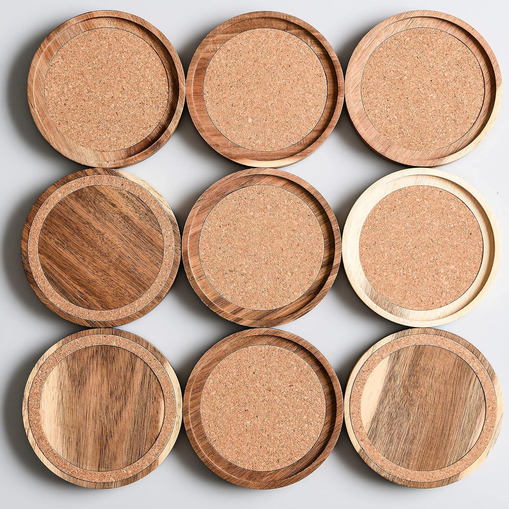 Acacia Wood Coasters for Drinks, 4.13 Inch, Absorbent and Insulation Cork Stackable Cup Holders, Rustic - Set of 6