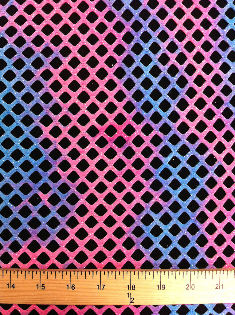 Diamond Mesh Big Hole 0.5 Inch Multi-Color Tie-dye Pattern w/Silver Sparkly Glitter Stretch Polyester Spandex Fabric