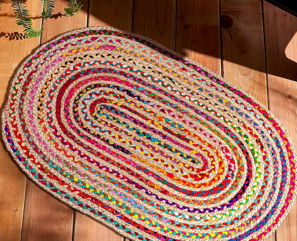 Farmhouse Jute Cotton Chindi Rug 4x6 Oval Multicolor, Handwoven Braided Area Rug