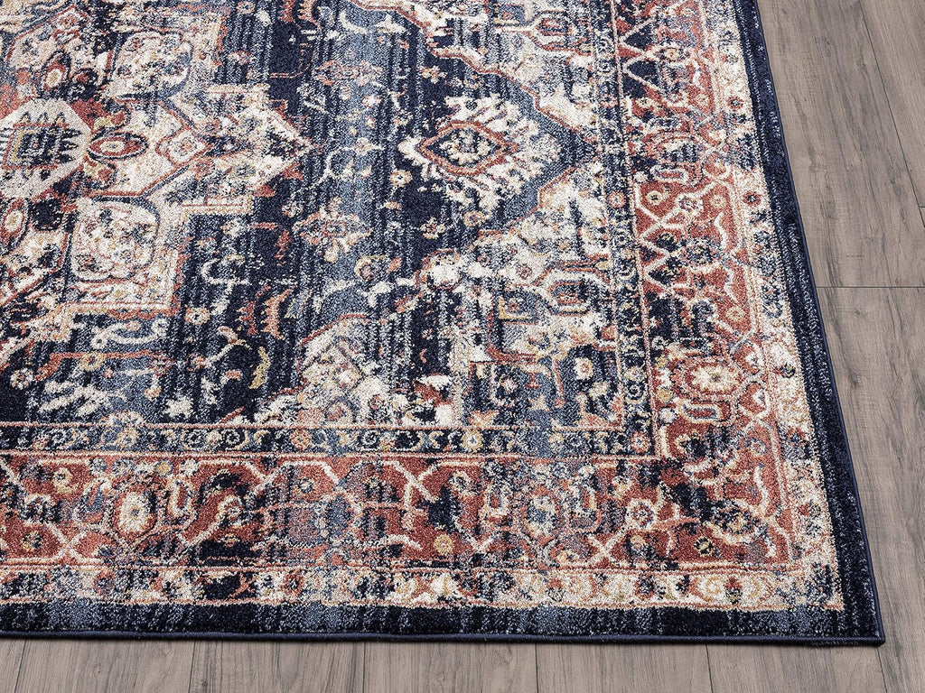 Navy & Beige Vintage Area Rug, Babylon Collection - Turkish Oriental Medallion Distressed Accent Rug Rugs