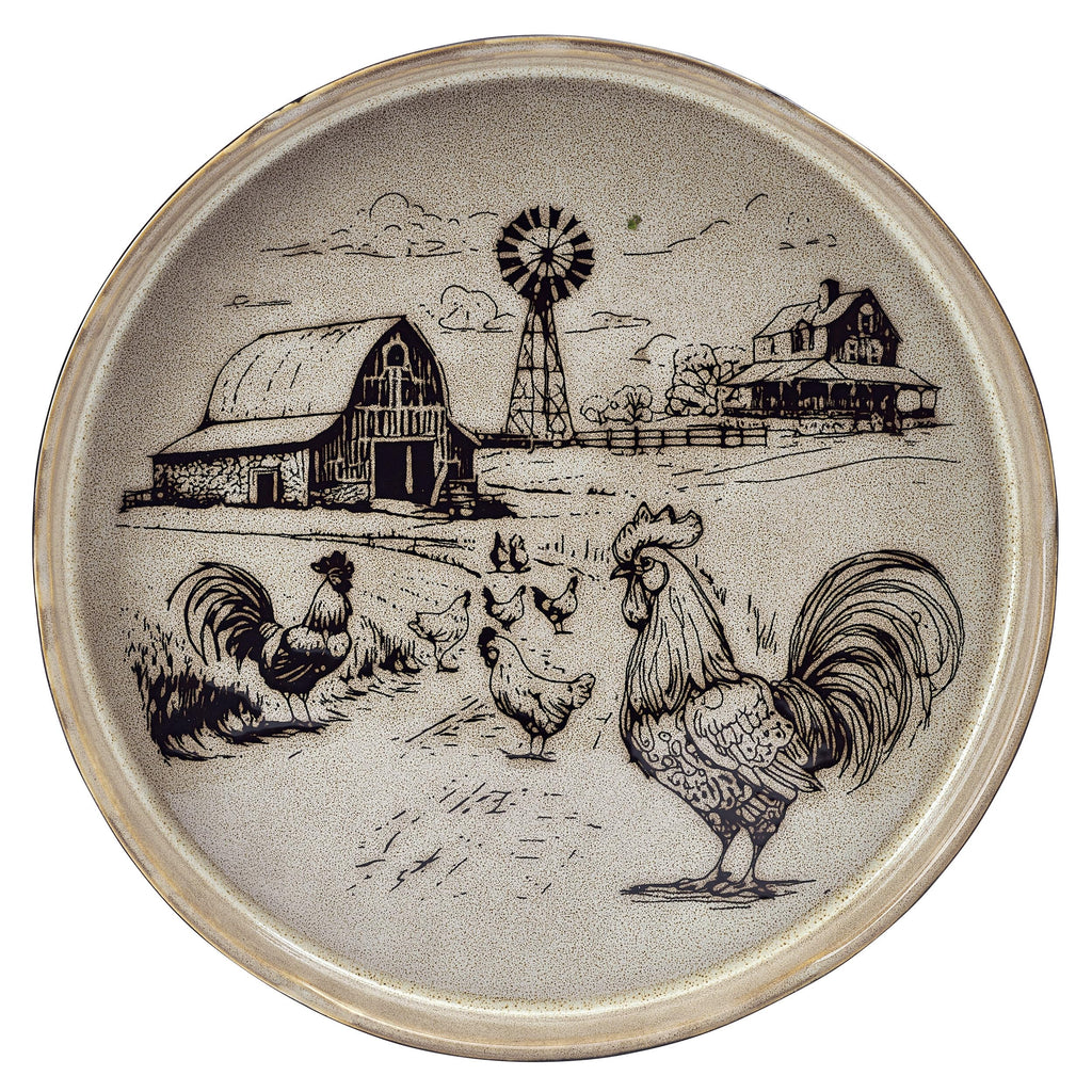 Farmyard Rooster 12 Piece Farmhouse Style Dinnerware Set, Service for 4, Plate Bowl with High Rims, Rustic Design