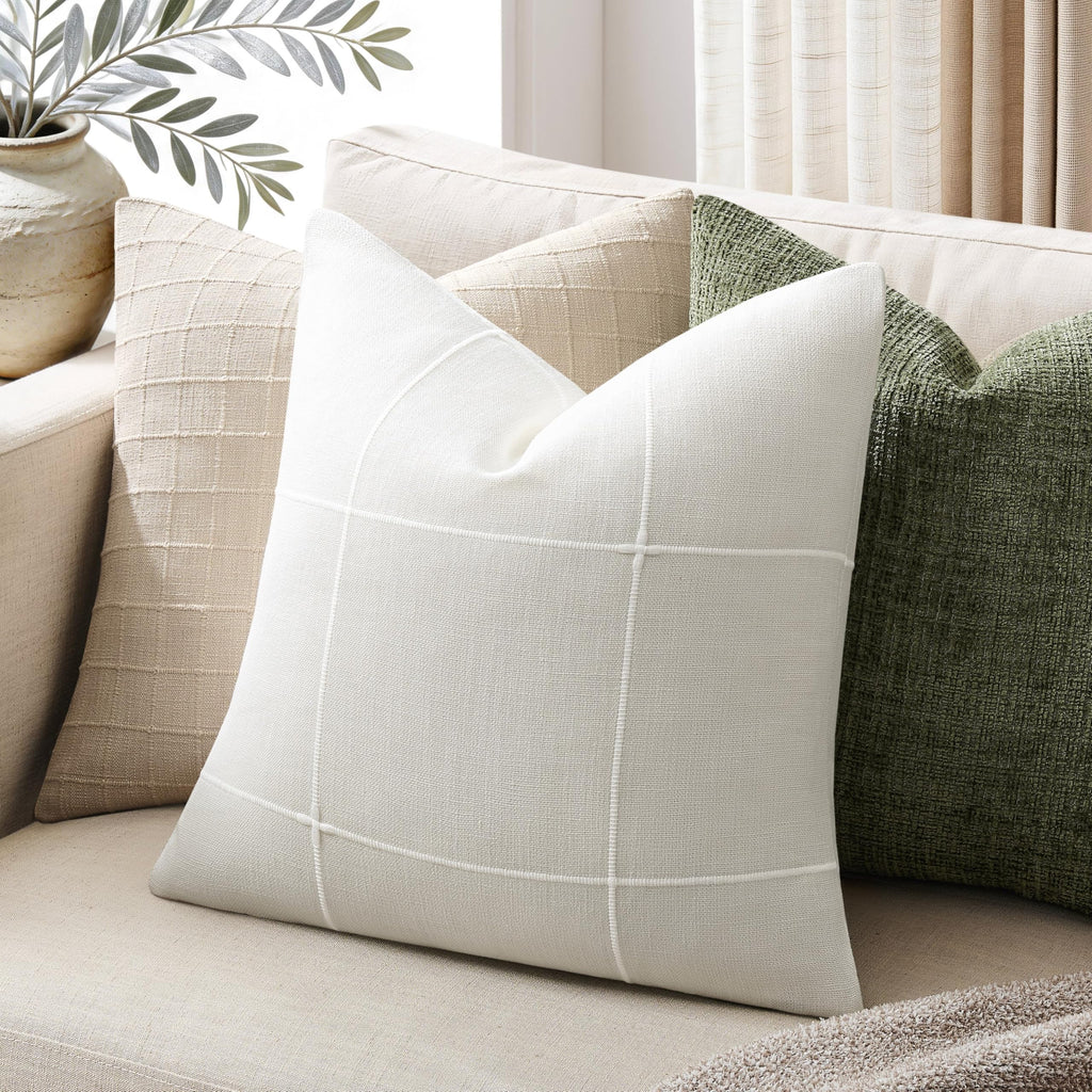 2 Packs Grid Embroidery Throw Pillow Covers 24x24in Off White