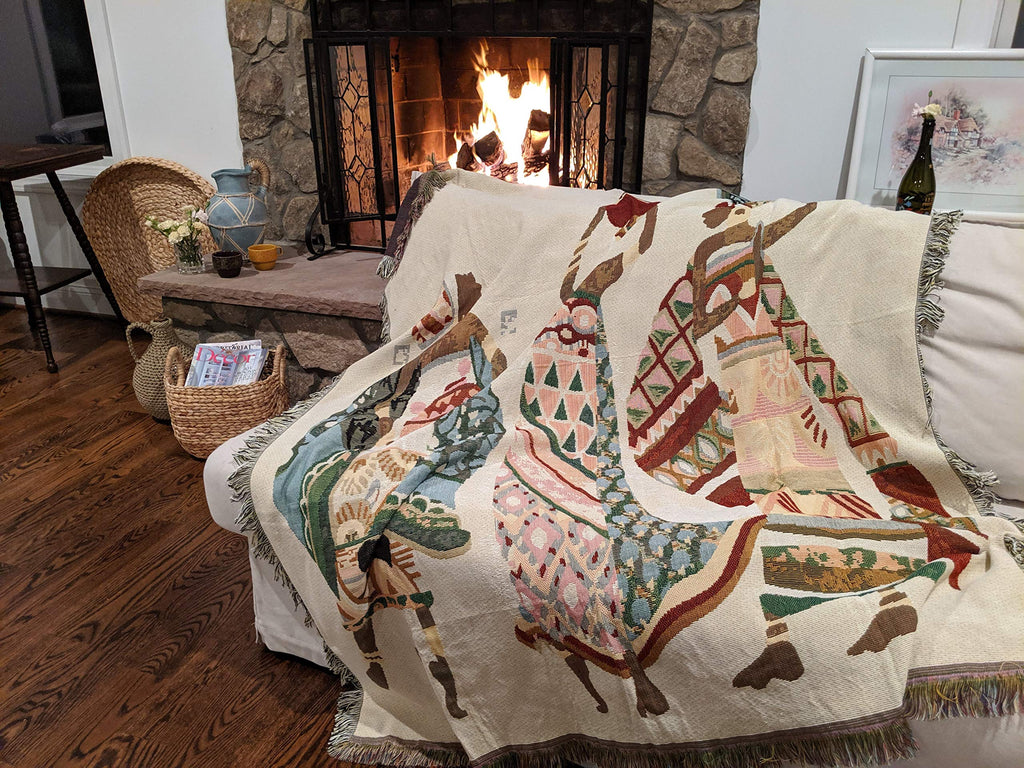 African Woven Tapestry Throw Blanket, Dancing Women, 50x60