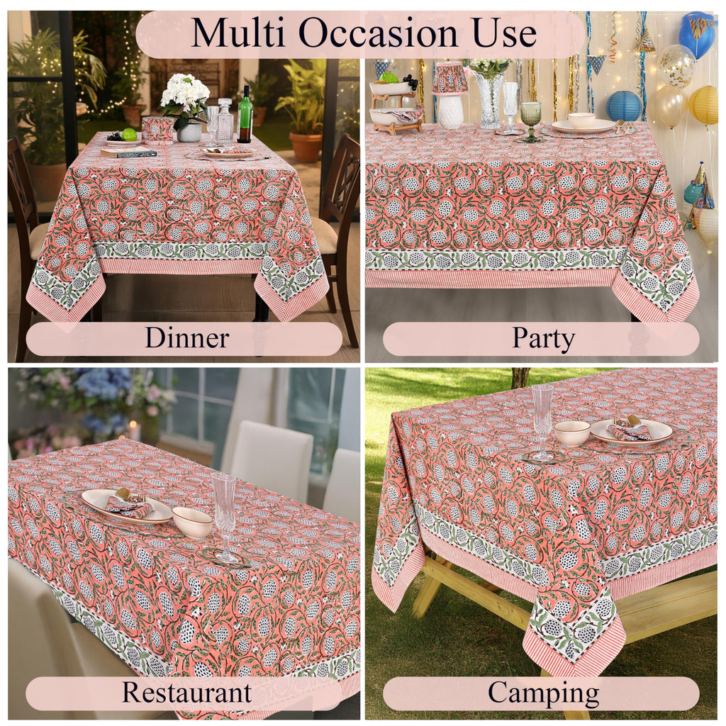 Dark Salmon Pink Hand Block Print Square Tablecloth 60x60 Inch