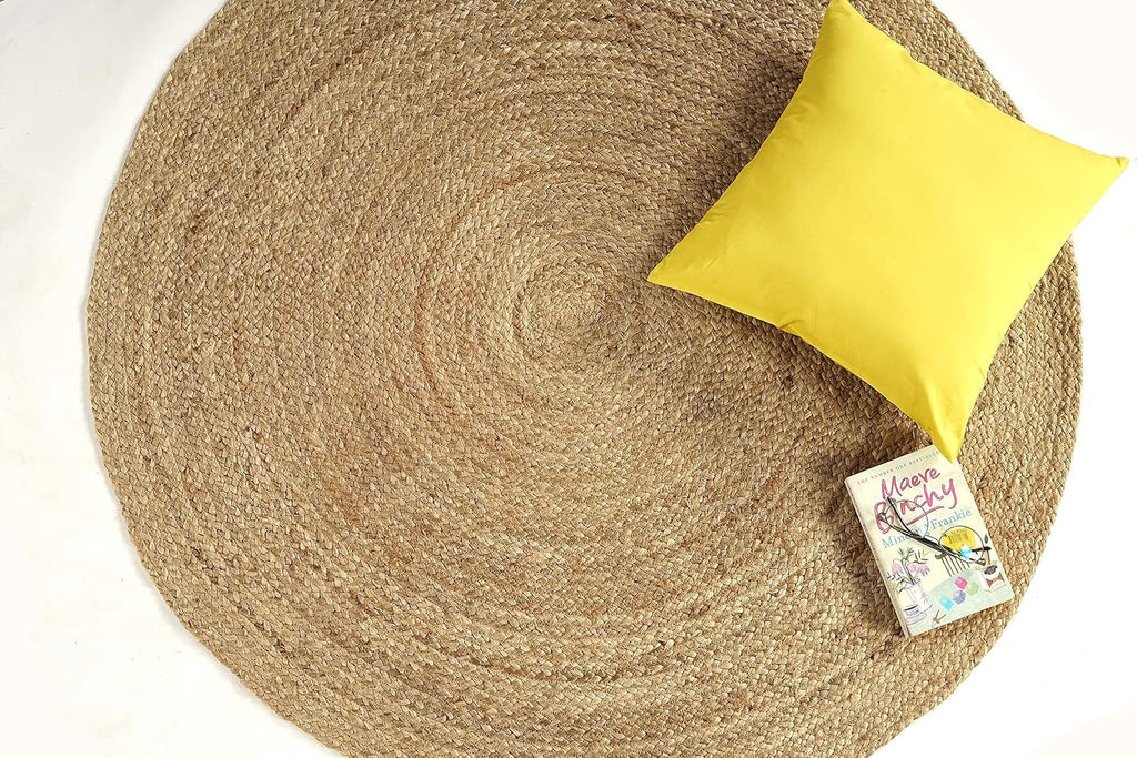 Jute Area Rug 6ft Round Handwoven Natural Braided Rustic Reversible