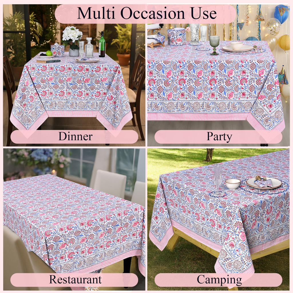 Blue & Pink Hand Block Print Square Tablecloth 60x60 Inch