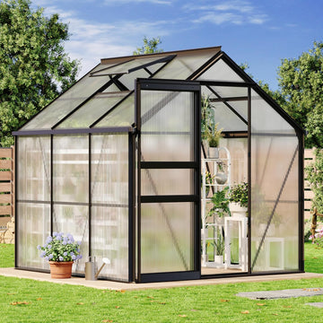 6 x 6 FT Walk-in Greenhouses for Outside, Polycarbonate Greenhouse with Sliding Door, Adjustable Roof Vent, Aluminum