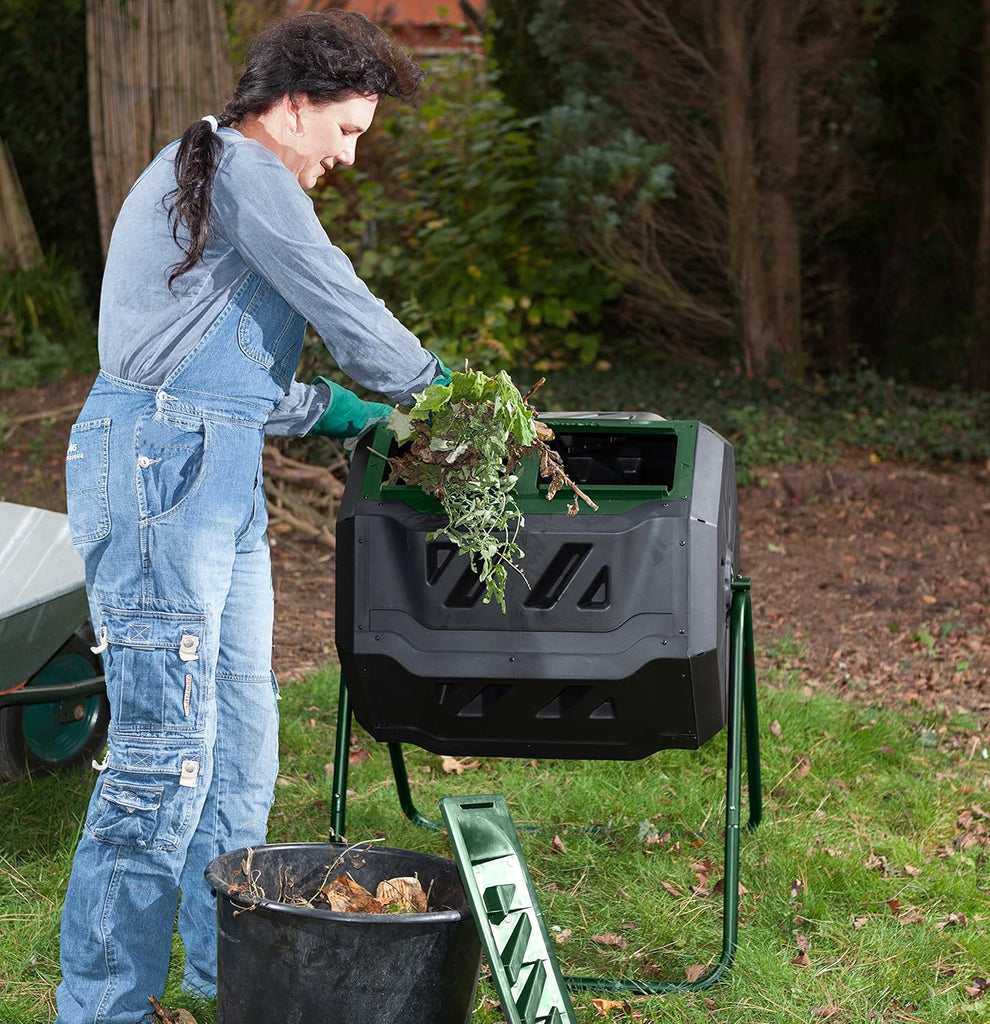 Mr.Spin Compost Tumbler - 160 Liters / 43 Gallon, Dual Chamber Composter On Two-Leg Stand,Green/Black