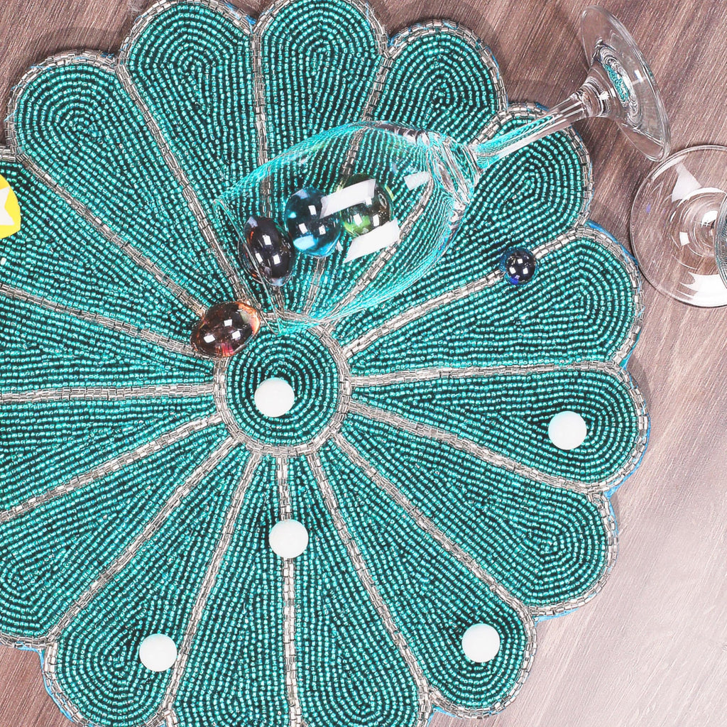 Beaded Placemats 13 Inch, Teal Silver Round Single Pack