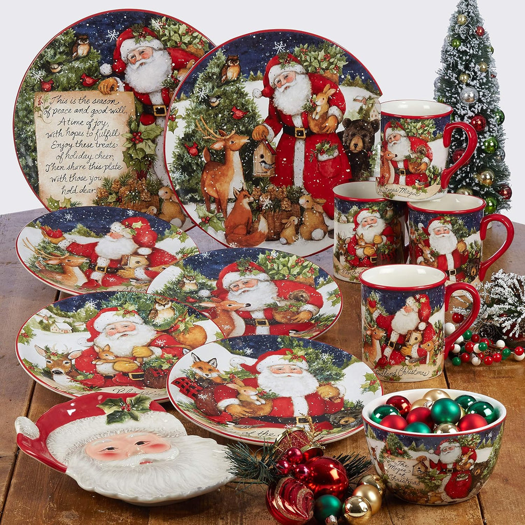 Magic of Christmas 16pc Ceramic Dinnerware Set - Santa and Woodland Animals Holiday Plates, Bowls & Mugs, Dishwasher