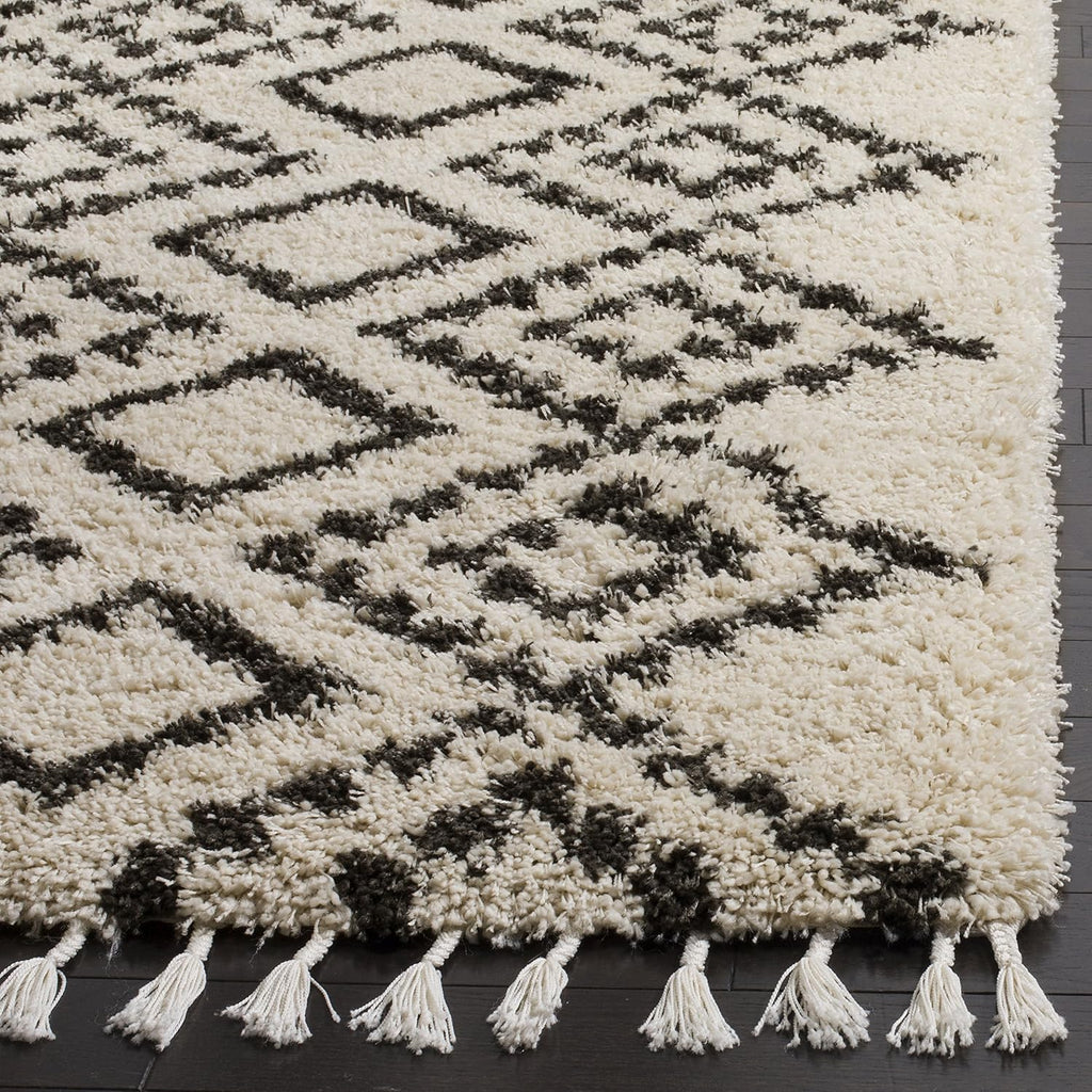 Moroccan Fringe Shag Collection Runner Rug - 2'3" x 9', Cream & Charcoal, Boho Tribal, Non-Shedding & Easy Care