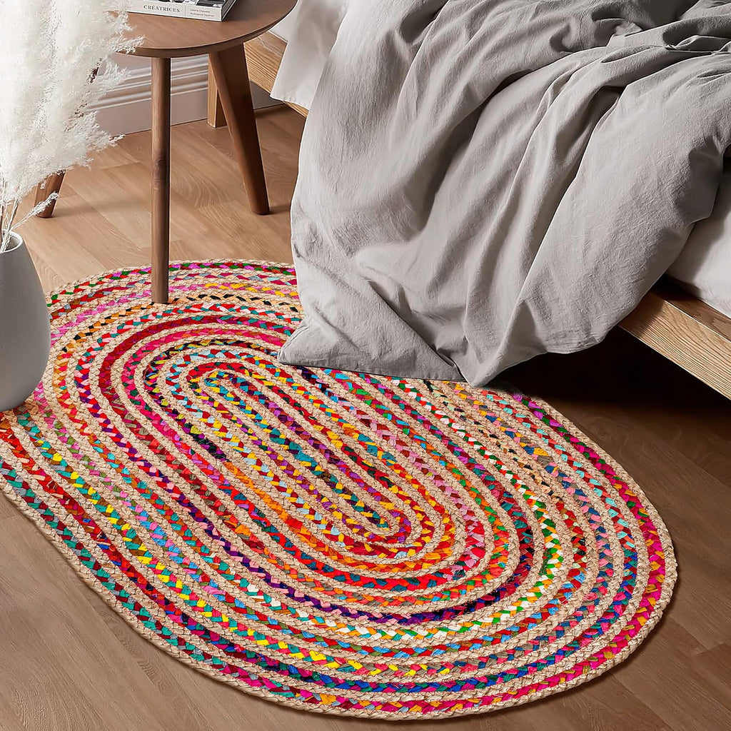 Farmhouse Jute Cotton Chindi Rug 4x6 Oval Multicolor, Handwoven Braided Area Rug
