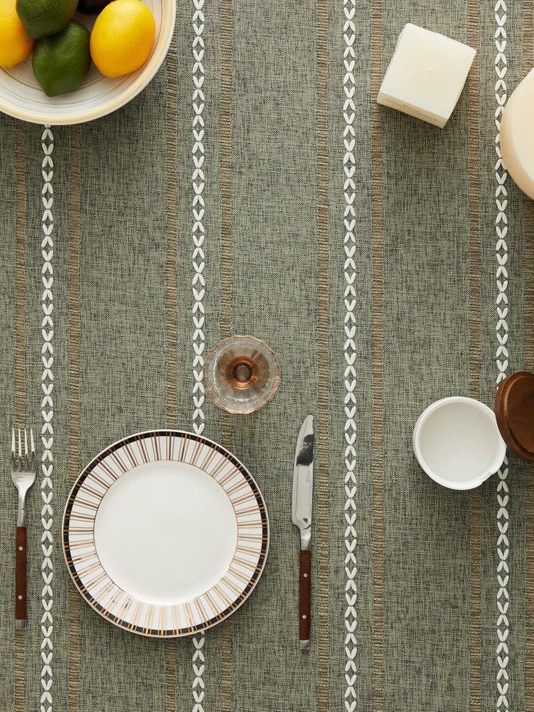 Hemstitched Embroidery Striped Boho Tablecloth 54x70 Inch Olive, Heavy Weight Farmhouse Burlap Linen Green Tablecloth