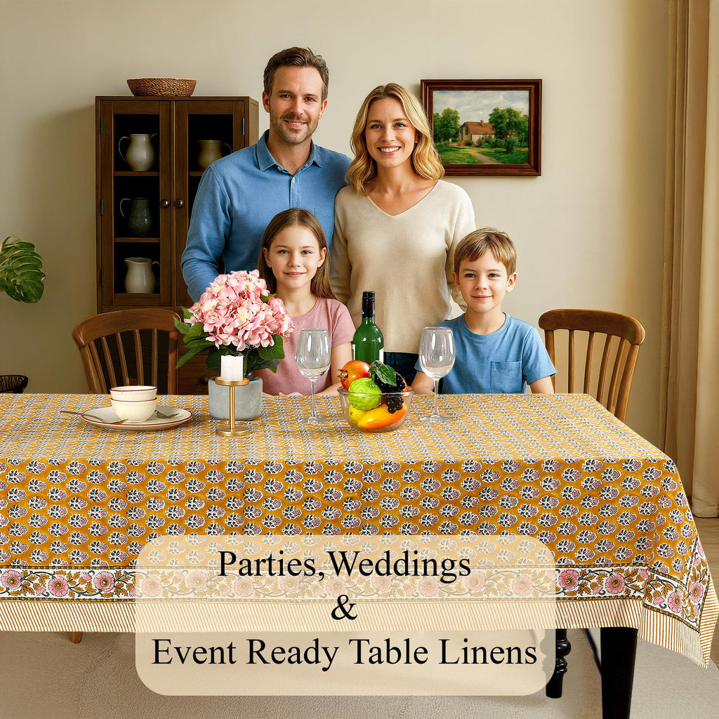CPC Yellow Citrine Block Print 100% Cotton Rectangle Tablecloth 60x90 Inch