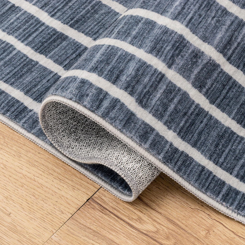 Washable Orton Distressed Ticking Stripe 2' x 8' Machine-Washable Polyester Runner Rug, Navy and Cream, Farmhouse