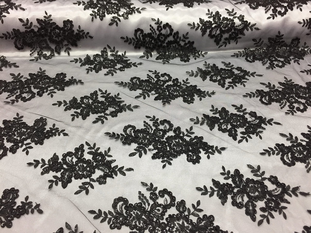 Textile Sequin lace Fabric with embroderies on mesh (1 Yard, Black)