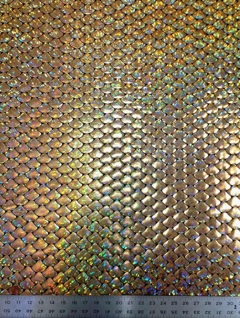 Shiny Holographic Foil Mermaid Scales Pattern on Black Stretch Nylon Spandex Shiny Tricot Fabric by The Yard (Gold)