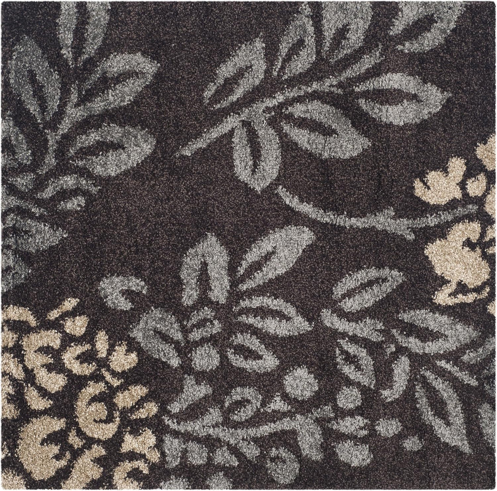 Florida Shag Collection Area Rug - 4' Square, Dark Brown & Grey, Floral Design, Non-Shedding & Easy Care, 1.2-inch