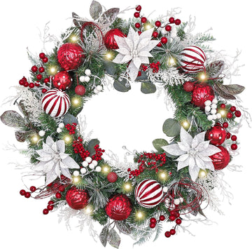 24'' Pre-Lit Christmas Wreath for Front Door with Light, Collapsible Lighted Outdoor Christmas Wreath with Red White