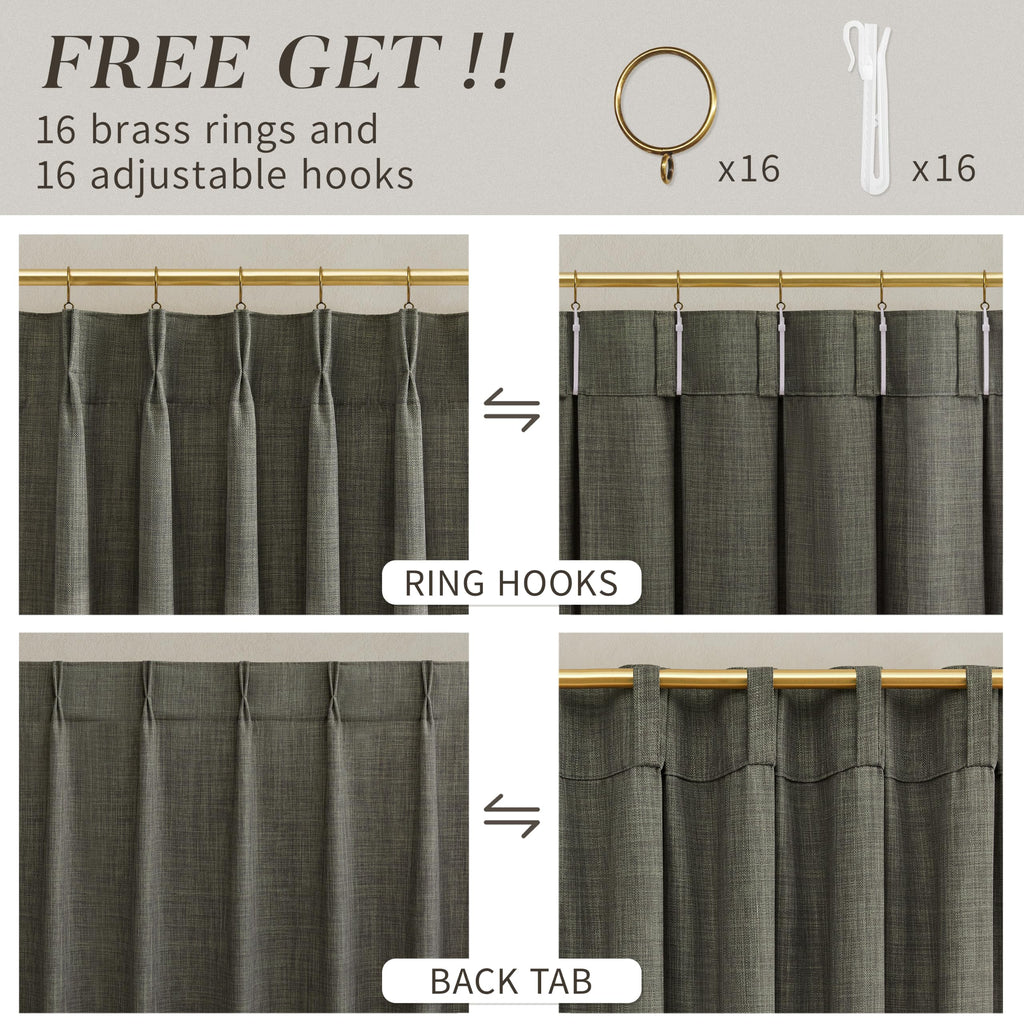 Pinch Pleated Linen Curtains Extra Long 132 Inches Green Drapes for 11 FT High Ceiling to Floor, Light Filtering
