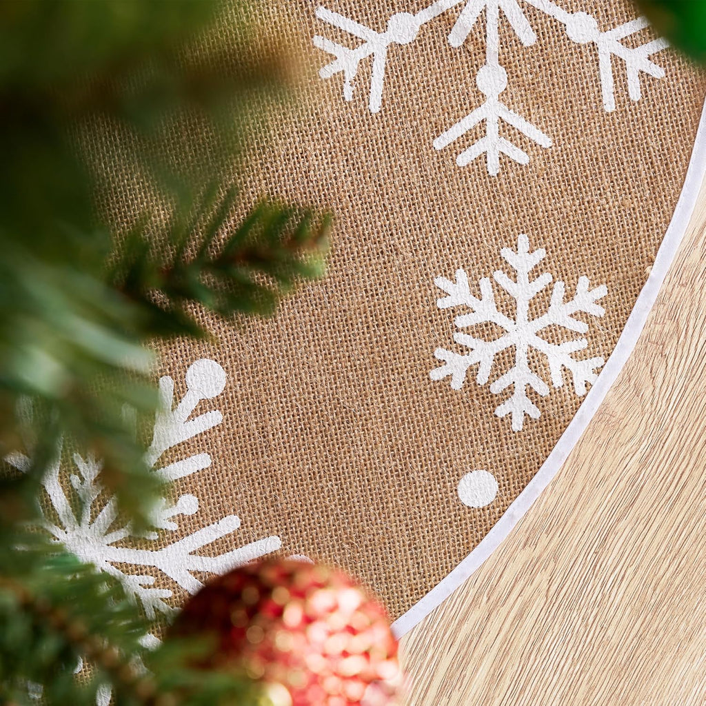 36" Christmas Burlap Tree Skirt with Snowflakes, Decoration for Xmas Home Holiday Indoor Outdoor Seasonal Decors