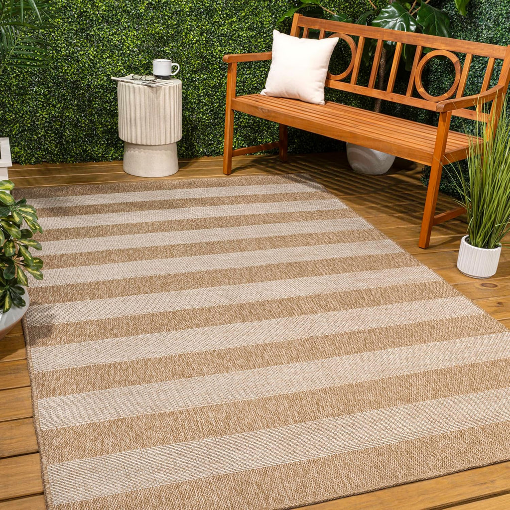 Easy Jute Rustic Indoor Outdoor Area Rug Natural/Beige, Sutton Modern Stripe for Backyard, Patio, Easy-Cleaning