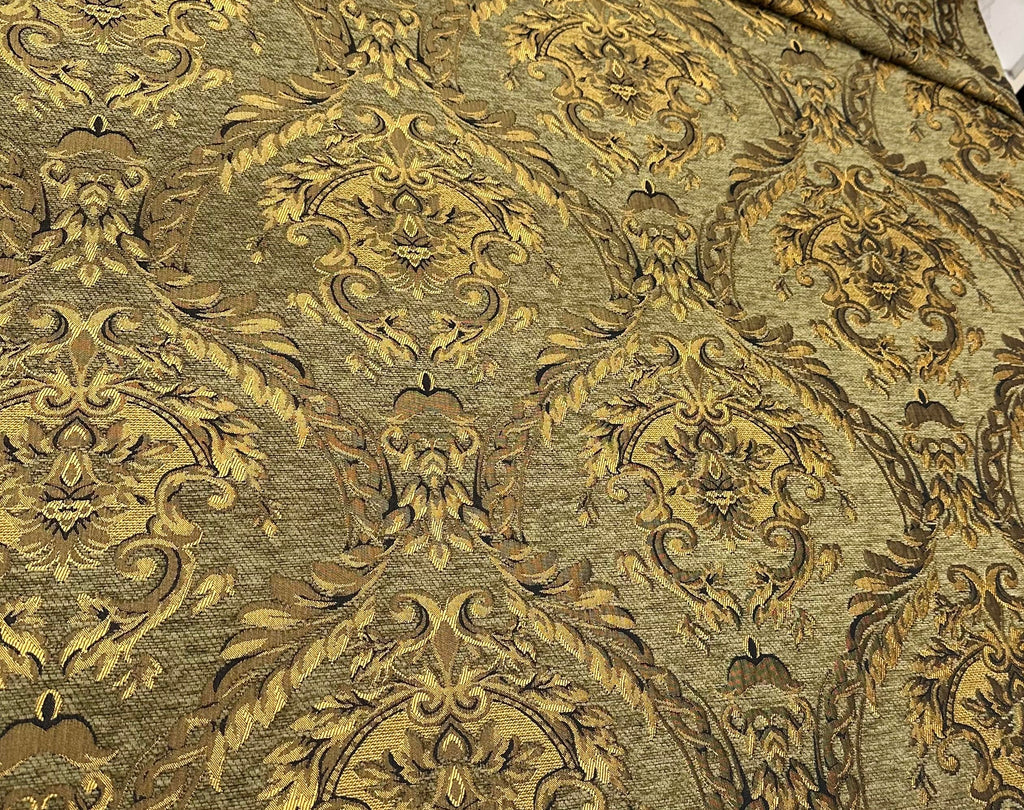 Luxury Chenille Upholstery Fabric by The Yard, Gold Olive Damask Pattern, Heavyweight Soft Durable Fabric for Sofa