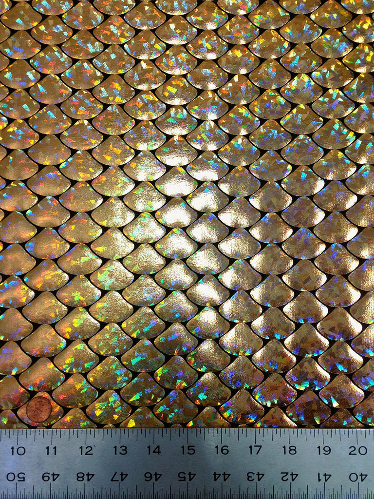 Shiny Holographic Foil Mermaid Scales Pattern on Black Stretch Nylon Spandex Shiny Tricot Fabric by The Yard (Gold)