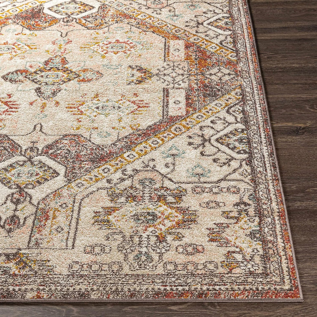 Xenia Living Room, Bedroom Area Rug - Medallion Geometric Border Diamond Distressed - Traditional Oriental Turkish