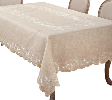 Embroidered Scallop Design Linen Blend Tablecloth, 67" x 180", Natural