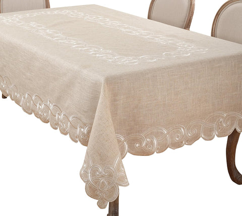 Embroidered Scallop Design Linen Blend Tablecloth, 67" x 180", Natural