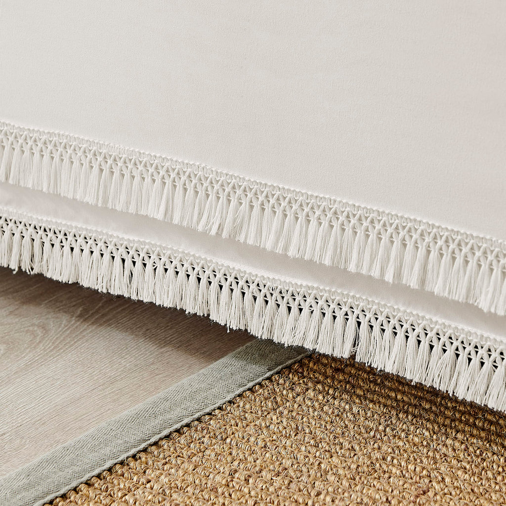 Minimalist Tufted Macrame Boho Chic Off White 60x80 Full/Queen Size Bed Skirt with 14" Drop Luxury Fringe Knotted