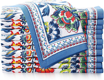 Cloth Napkins Set of 12 Cotton Linen, 20x20 Inch, Blue Floral | Mitered corner, washable, soft, absorbent, floral