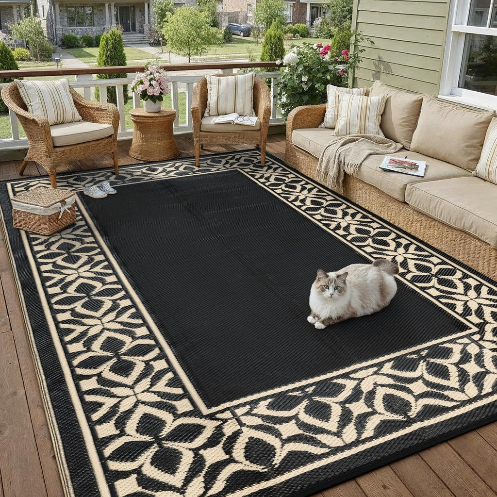 Outdoor Rug Black Beige Geometric