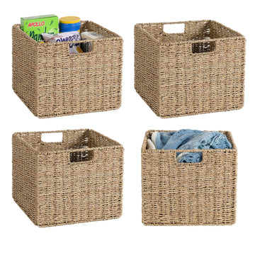 12x12x10in Seagrass Storage Baskets Set of 4, Large Wicker Storage Basket, Decorative Seagrass Shelf Basket, Pantry