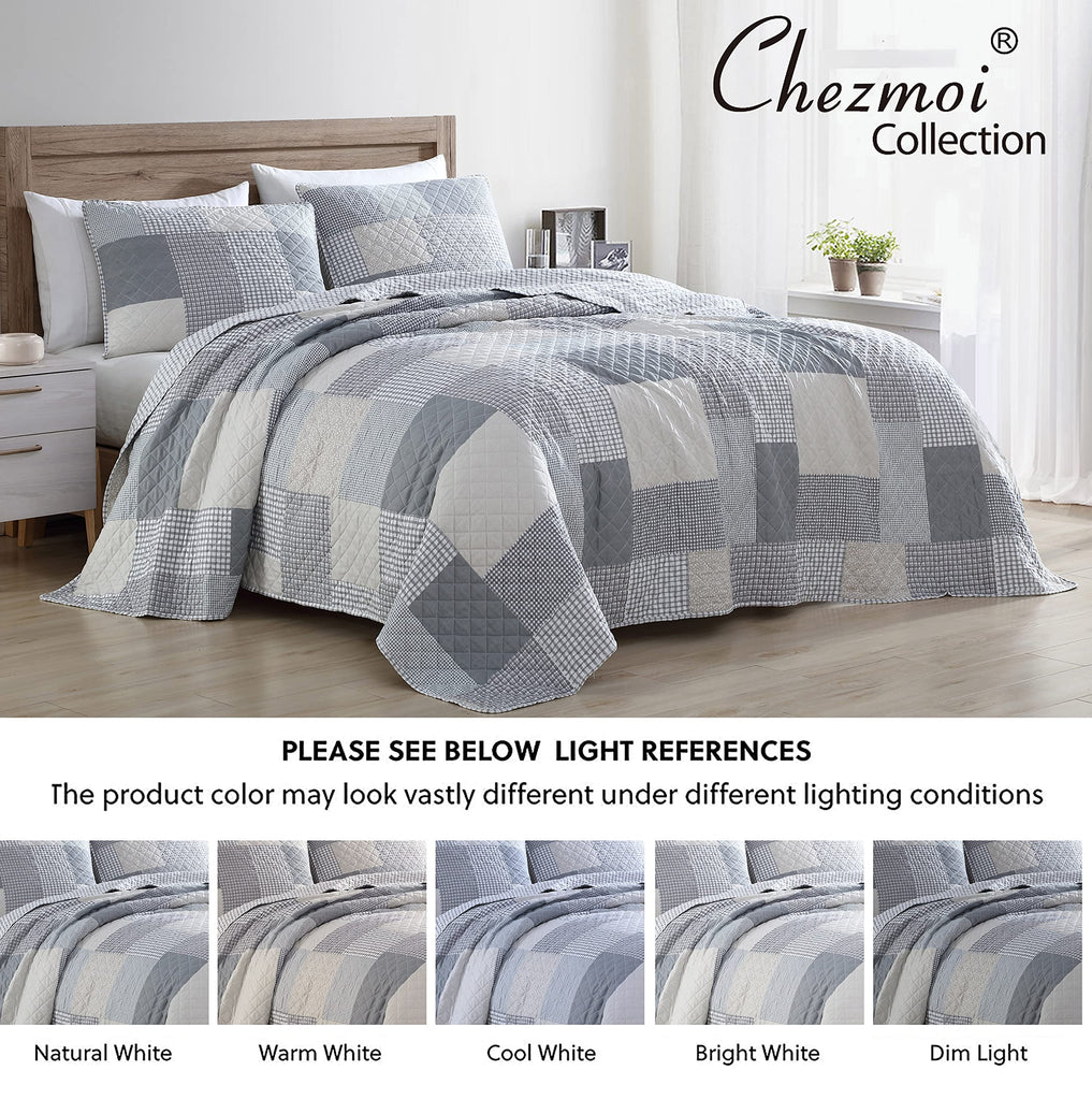 Anderson 3-Piece Printed Patchwork Quilt Set, Lightweight Polyester Cover with 100% Cotton Filling, Modern Gray Plaid