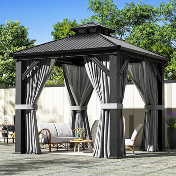 8'x8' Hardtop Aluminum Gazebo with Curtains & Netting Dark Gray | Heavy-Duty Aluminum Frame