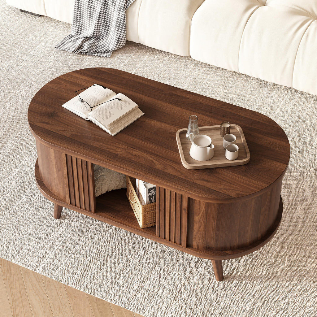 39.3" Oval Fluted Coffee Table with Storage, Fluted Mid-Century, Walnut